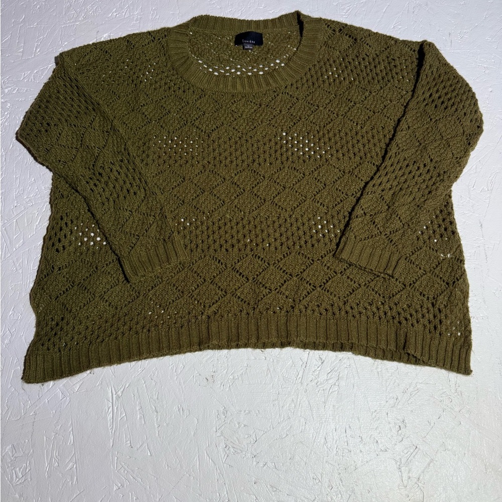 Lumiere Dark Green Diamond Knit Women's Long Sleeve Sweater Side Slits Sz Large